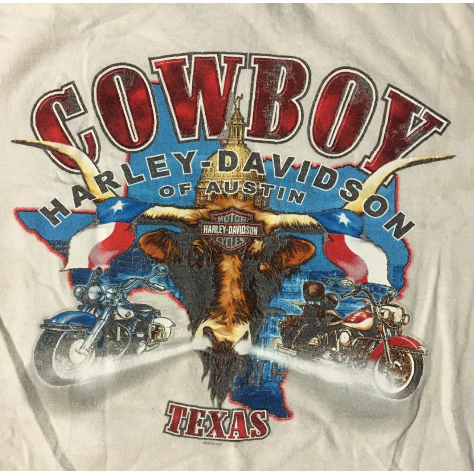 Harley Davidson VINTAGE Harley-Davidson Shirt Adult L White Harley-Davidson Austin Texas Faded Distressed Graphic Tee Punk Grunge 90s Biker USA Flag Size US L / EU 52-54 / 3 - 3 Thumbnail