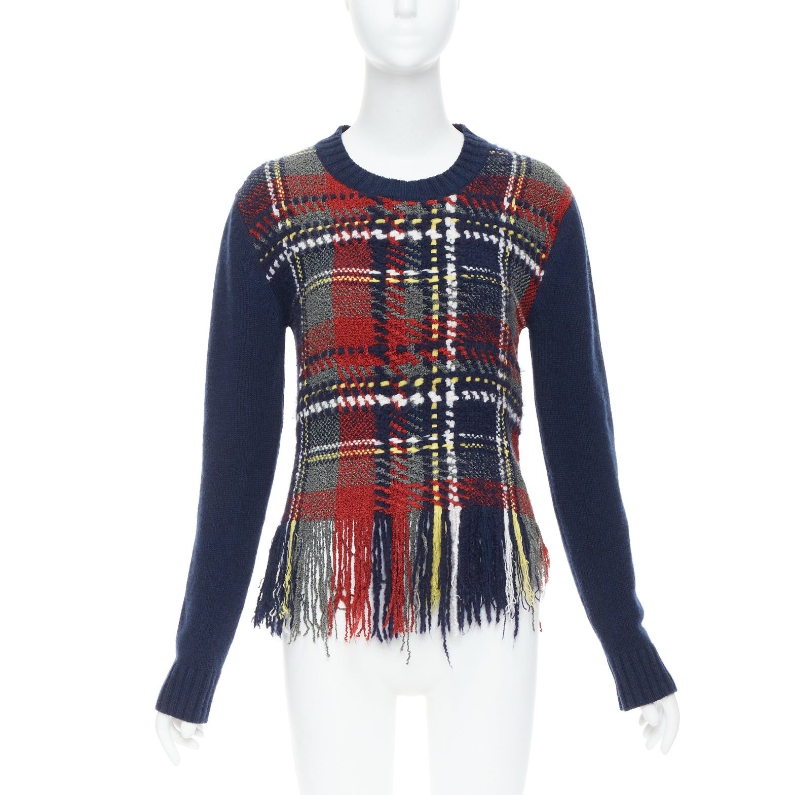 Dior DIOR navy red plaid tartan cashmere silk fringe hem sweater FR36 S Size S / US 4 / IT 40 - 1 Thumbnail