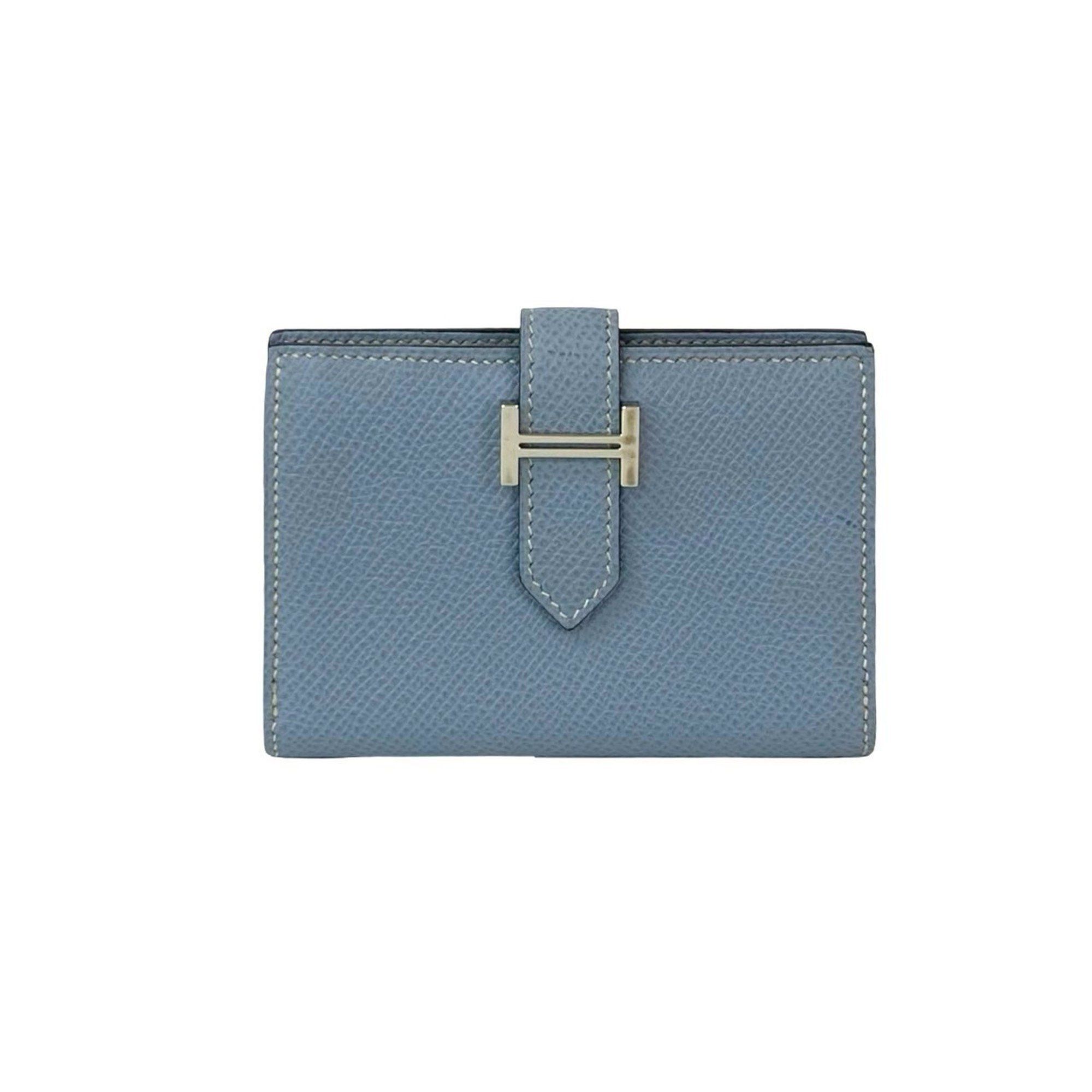Nearly unused engraved with O. HERMES Bearn Mini Card Case Epsom Leather Light Blue 71810.