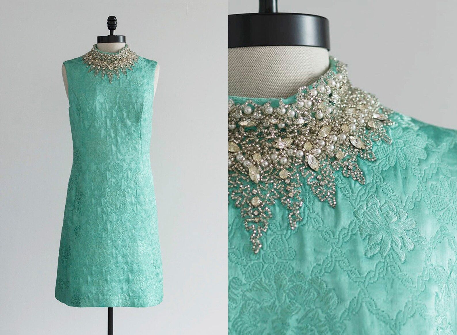 Vintage Vintage Beaded Cocktail Dress - Turquoise Silk Dress Size M / US 6-8 / IT 42-44 - 7 Thumbnail