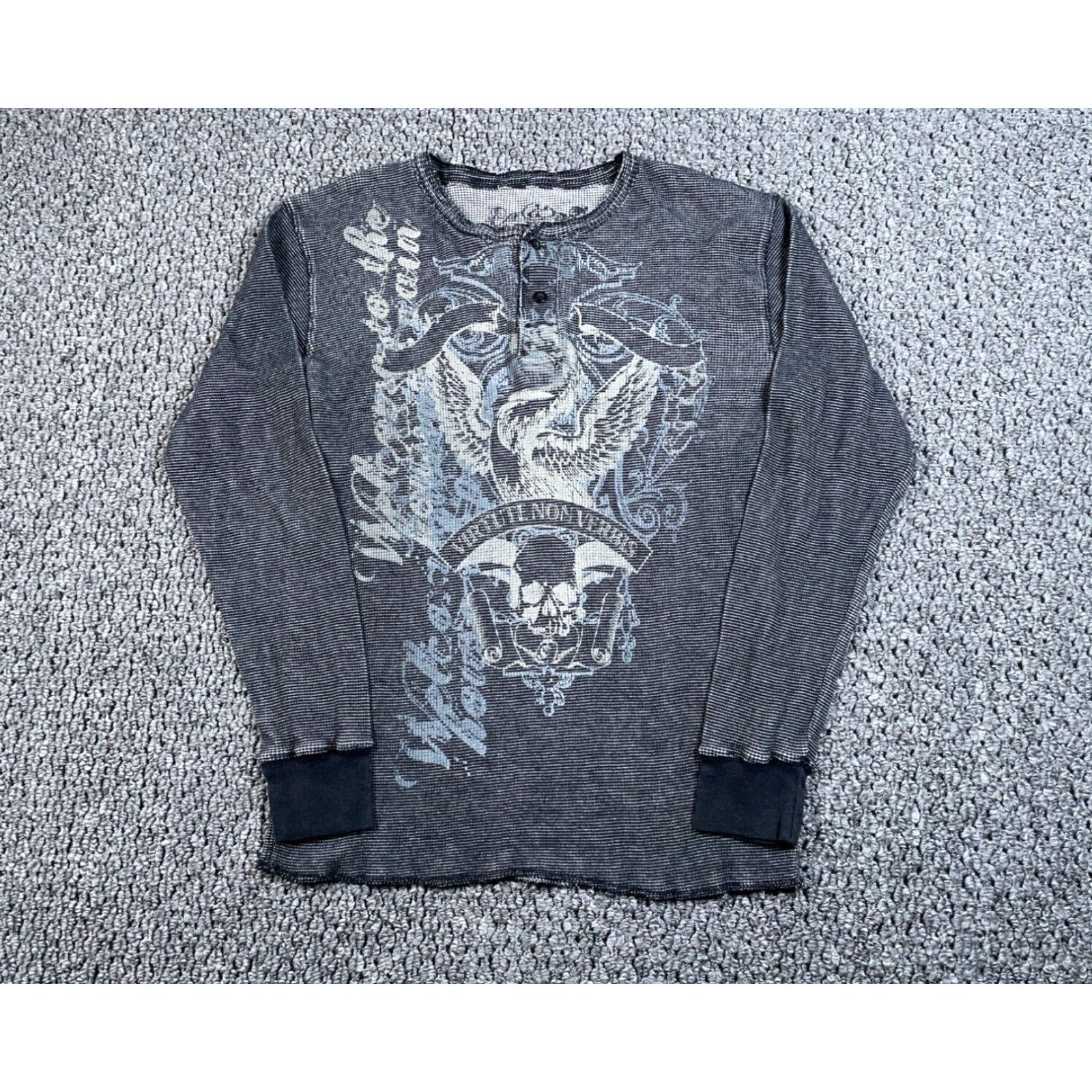 Image of Y2K Affliction Style Skull Wings Henley Thermal Adult XL Gray Long Sleeve Shirt in White, Men's