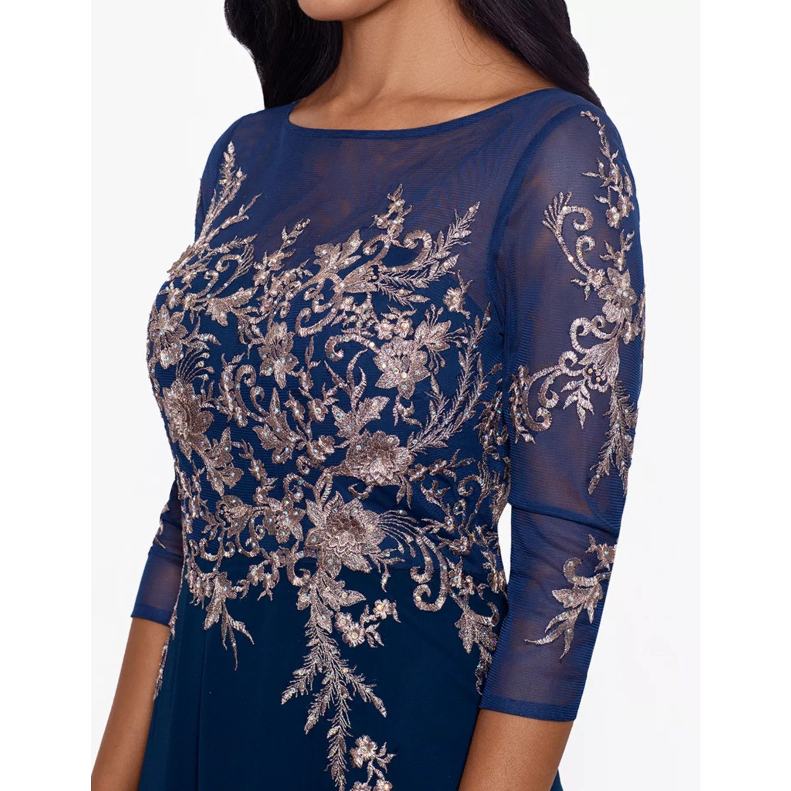 Other Betsy & Adam Navy Blue Rose Gold Embellished Bodice Chiffon Size S / US 4 / IT 40 - 4 Thumbnail