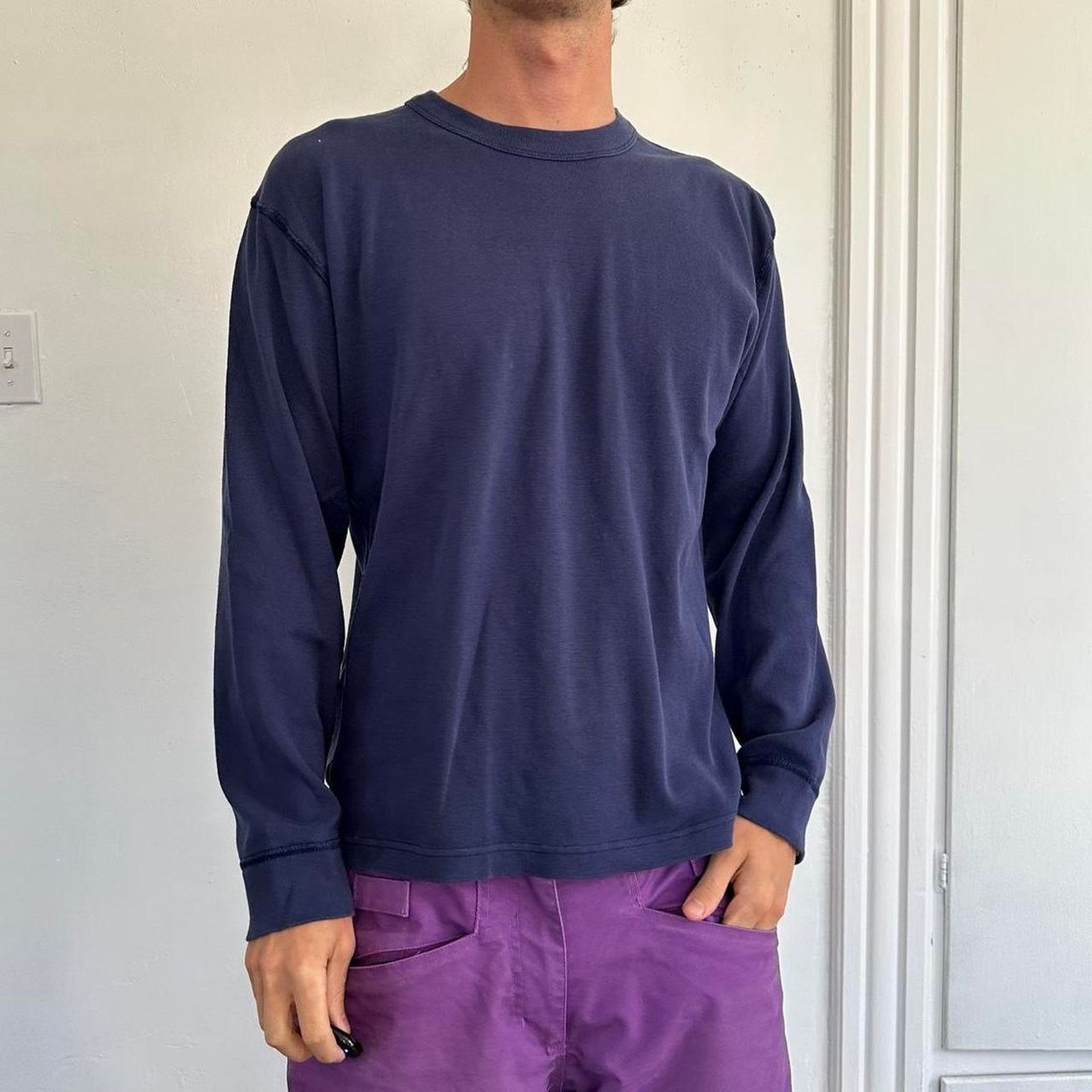 Vintage Vintage Basic Blank Navy Organic Cotton Longsleeve Shirt Size US L / EU 52-54 / 3 - 1 Thumbnail