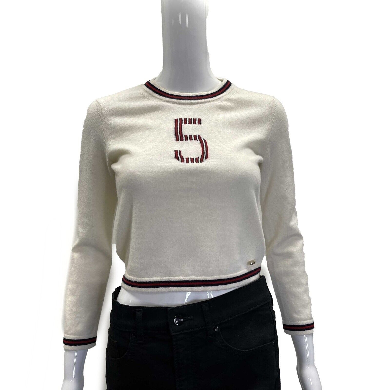 image of Chanel 19 No. 5 Logo Pullover Sweater Ivory Navywhite Excell, Women's (Size XS)