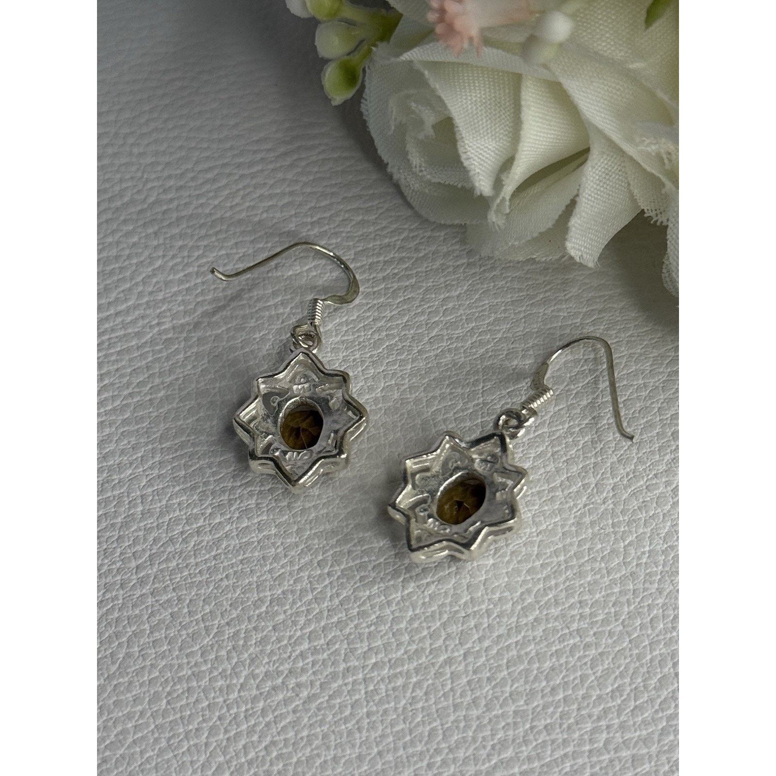 Jewelry 925 STERLING SILVER HESSONITE & MARCASITE EARRINGS Size ONE SIZE - 7 Thumbnail