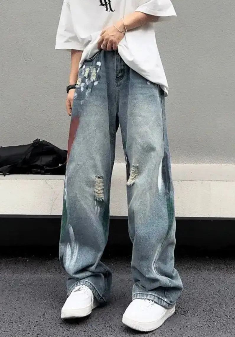 image of Distressed Denim Stylish Splash Ink Blue Distressed Baggy Jeans, Men's (Size 27)