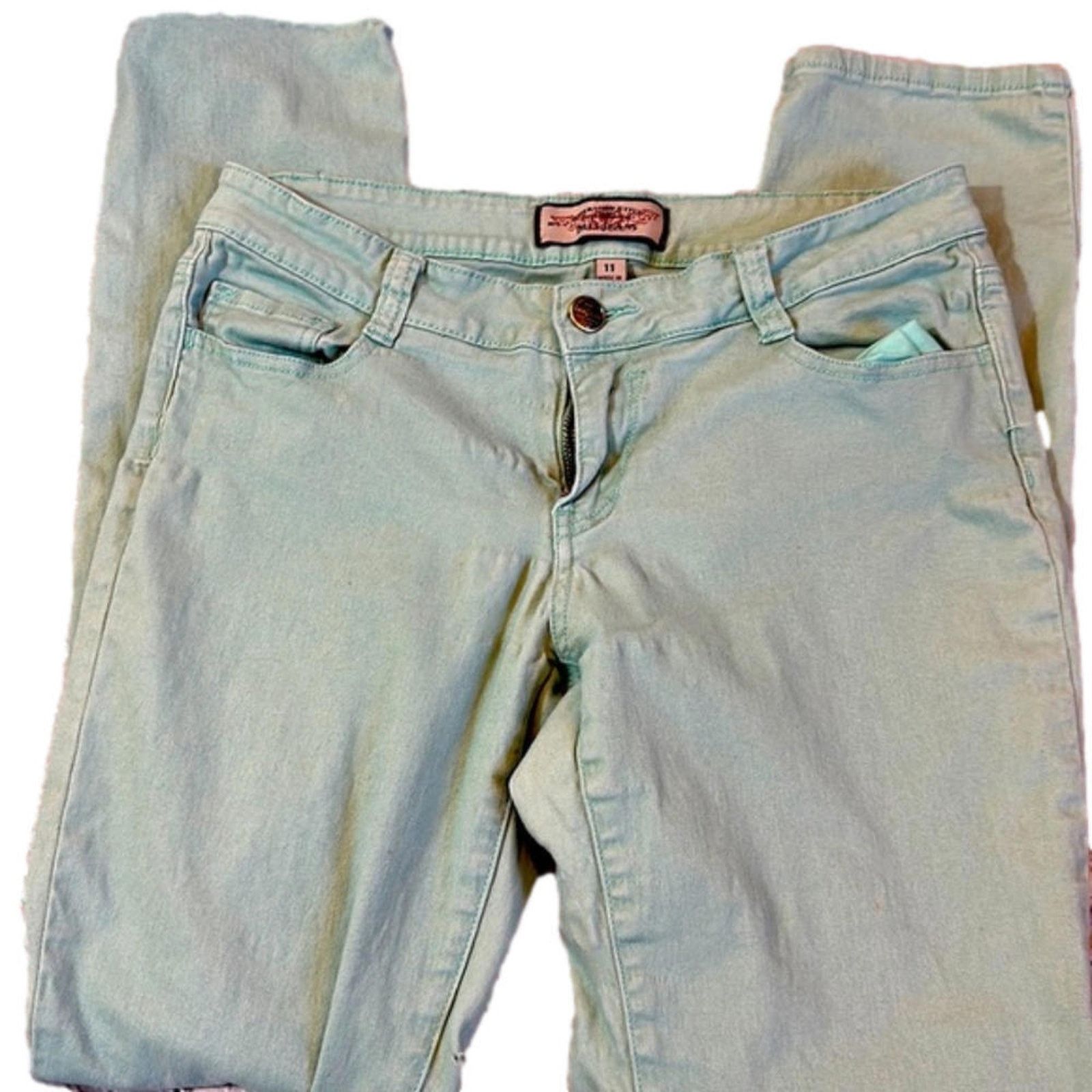 Designer Light Blue/Mint Stretch Jeans - Size 11 by American Style Size 30" / US 8 / IT 44 - 1 Thumbnail