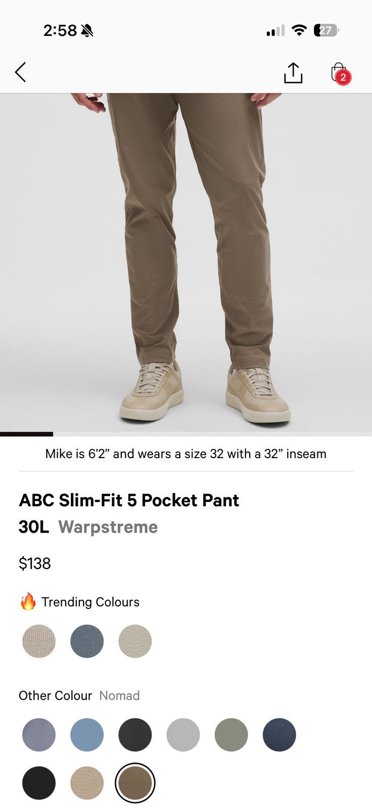 Lululemon Lululemon ABC Slim-Fit 5 Pocket Pant - Nomad - 33x30 Size US 33 - 5 Thumbnail