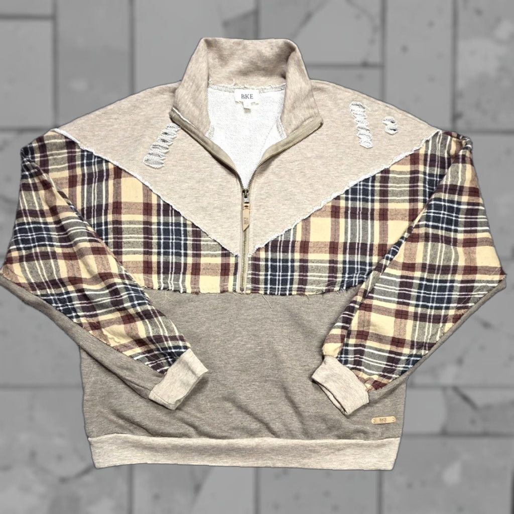 BKE BKE Destructed Mock Neck Plaid Distressed Quarter Zip Long Sleeve Pullover S Shirt Women Brown 1/4 Zip Pullover Distressed Plaid Embroidered Zipper Size S / US 4 / IT 40 - 1 Thumbnail