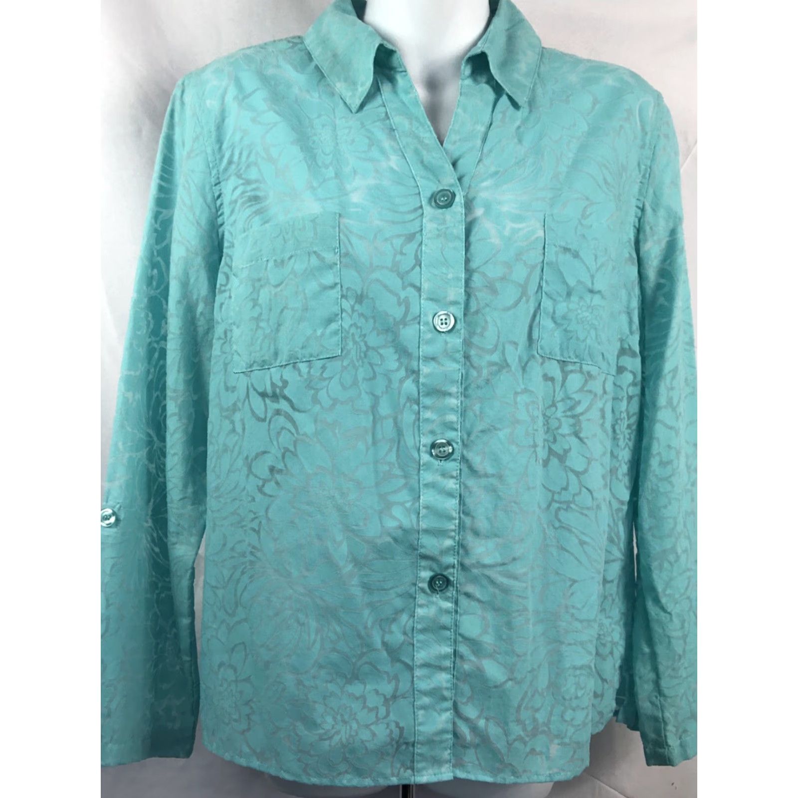 Vintage Sag Harbor Blouse Shirt Womens Large Aqua Floral Roll Tab Sleeve Collared Button Basic Beach Tropical Summer Florida Lightweight Casual Size L / US 10 / IT 46 - 2 Thumbnail