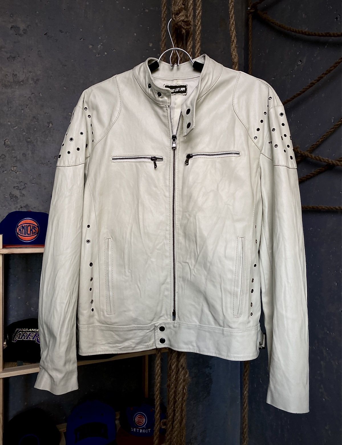 image of Absolut Joy Biker Vintage Leather White Jacket in Blue, Men's (Size Large)