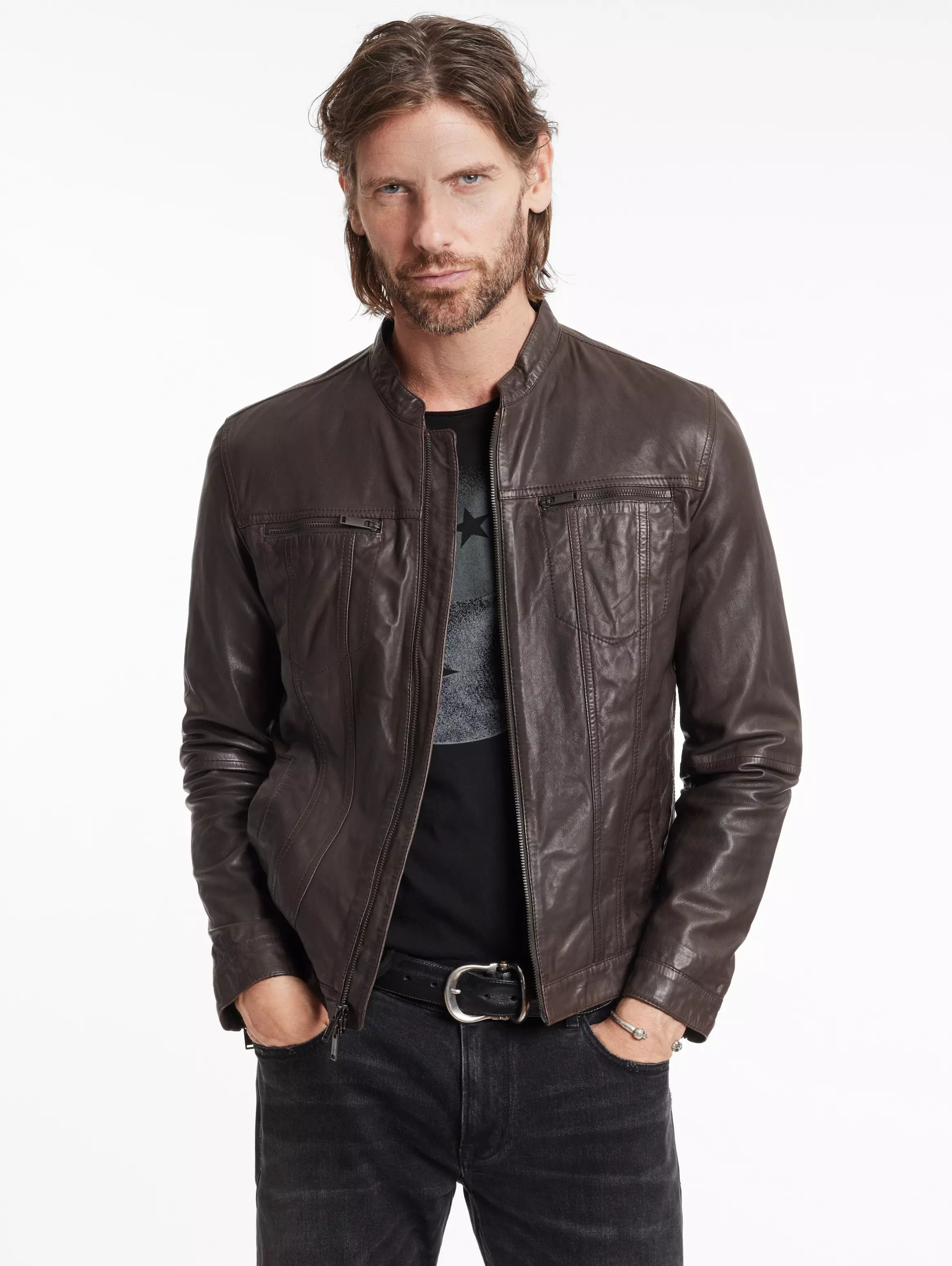 John Varvatos oc11z10924 Brando Band Collar Leather Jacket in Brown Grailed