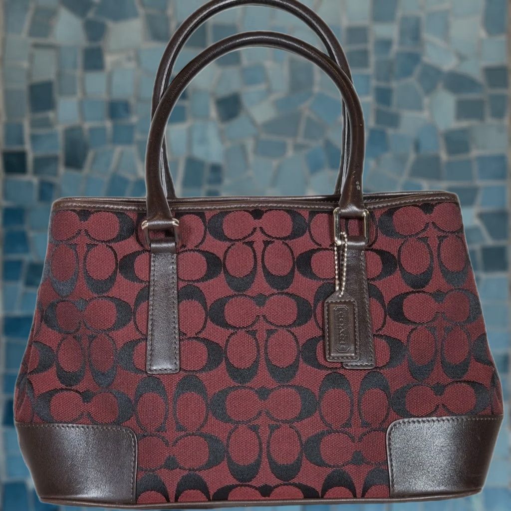 Coach VINTAGE Coach Tote Handbag Women Medium Red Jacquard Canvas Brown Leather Signature C Monogram 6089 Size ONE SIZE - 1 Thumbnail