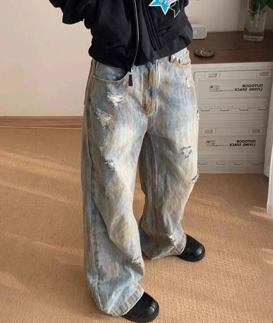 Japanese Brand Retro loose drape distressed jeans Size US 32 / EU 48 - 4 Thumbnail