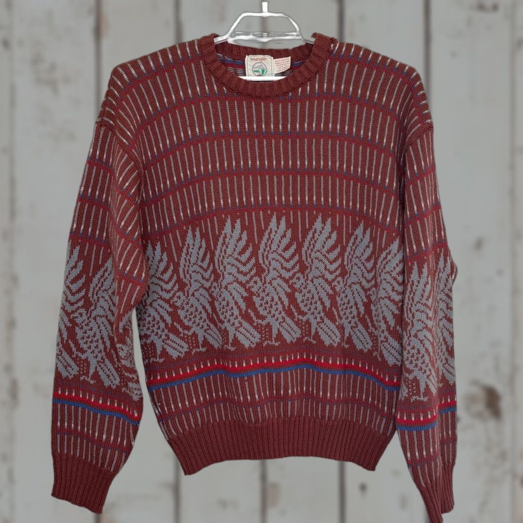 Wrangler VINTAGE Wrangler Sweater Mens Large Burgundy Geometric Pattern Western Graphic Print Crew Neck Knitted Pullover Long Sleeve Fall Winter Casual Mens Size US M / EU 48-50 / 2 - 1 Thumbnail