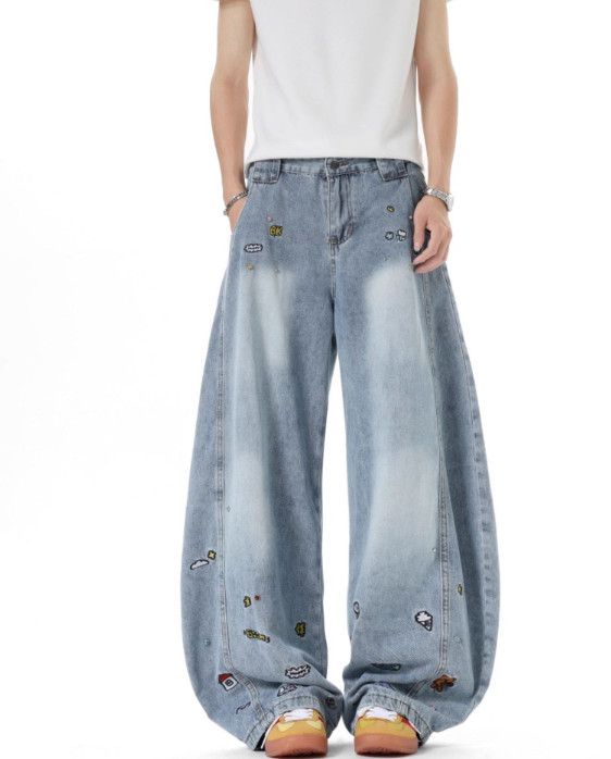 Japanese Brand Men's Paneled Denim Jeans with Cartoon Embroidery Size US 32 / EU 48 - 1 Thumbnail
