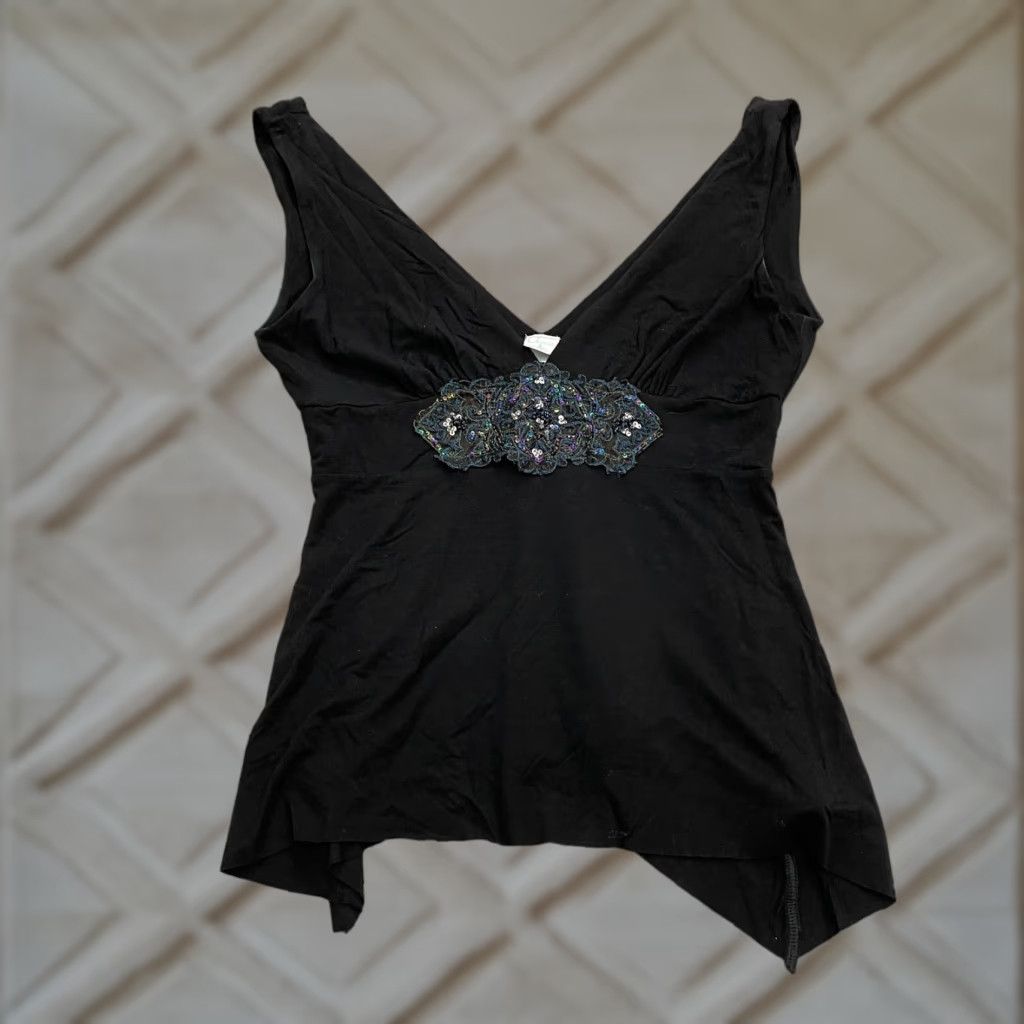 AQUA Aqua Tank Women Adult Medium Black Beaded V-Neck Sleeveless Knit Rayon Spandex Classic Designer Size M / US 6-8 / IT 42-44 - 1 Thumbnail