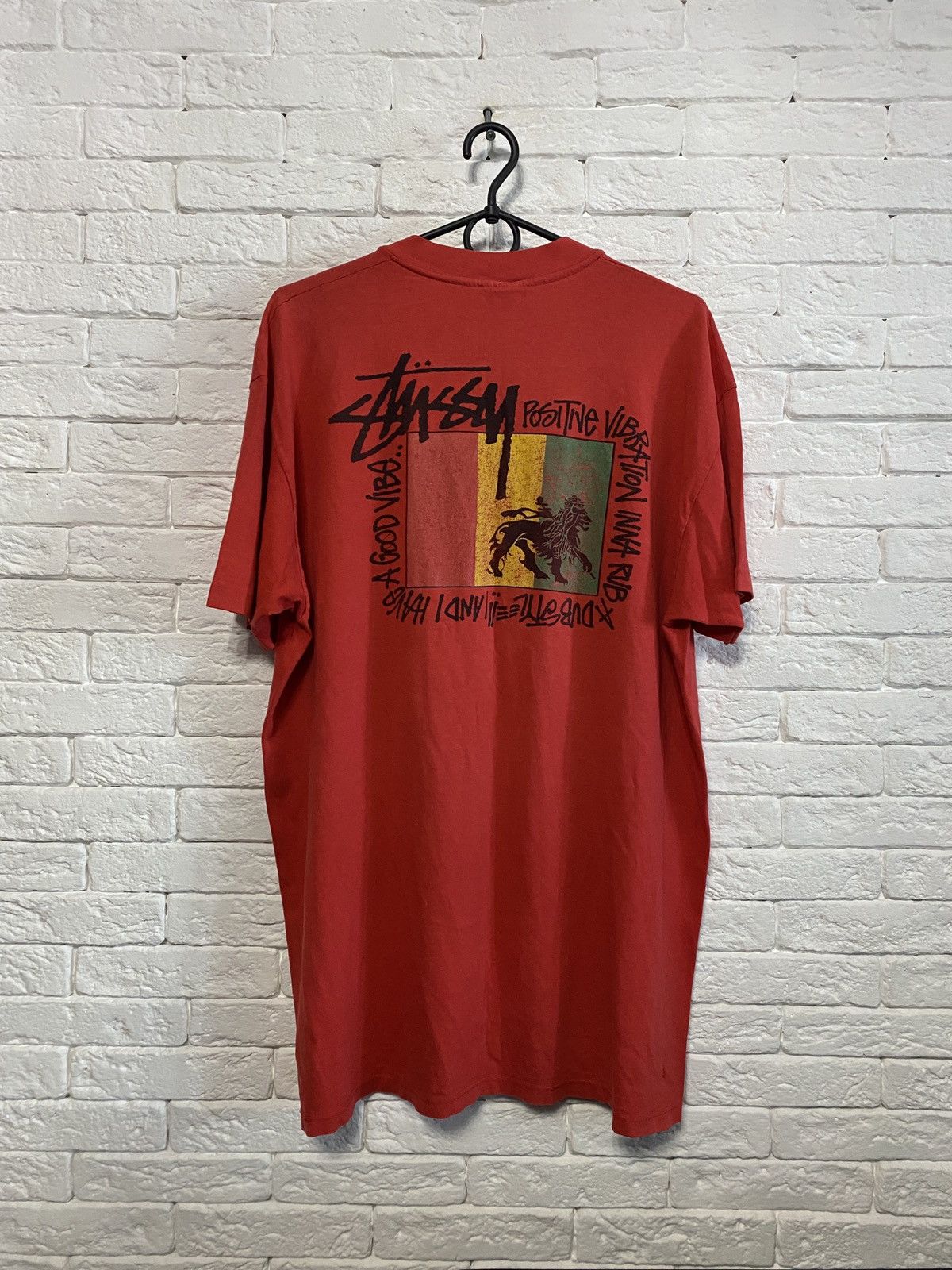 image of 80's Stussy T-Shirt Rasta Feelin Irie in Red, Men's (Size Large)