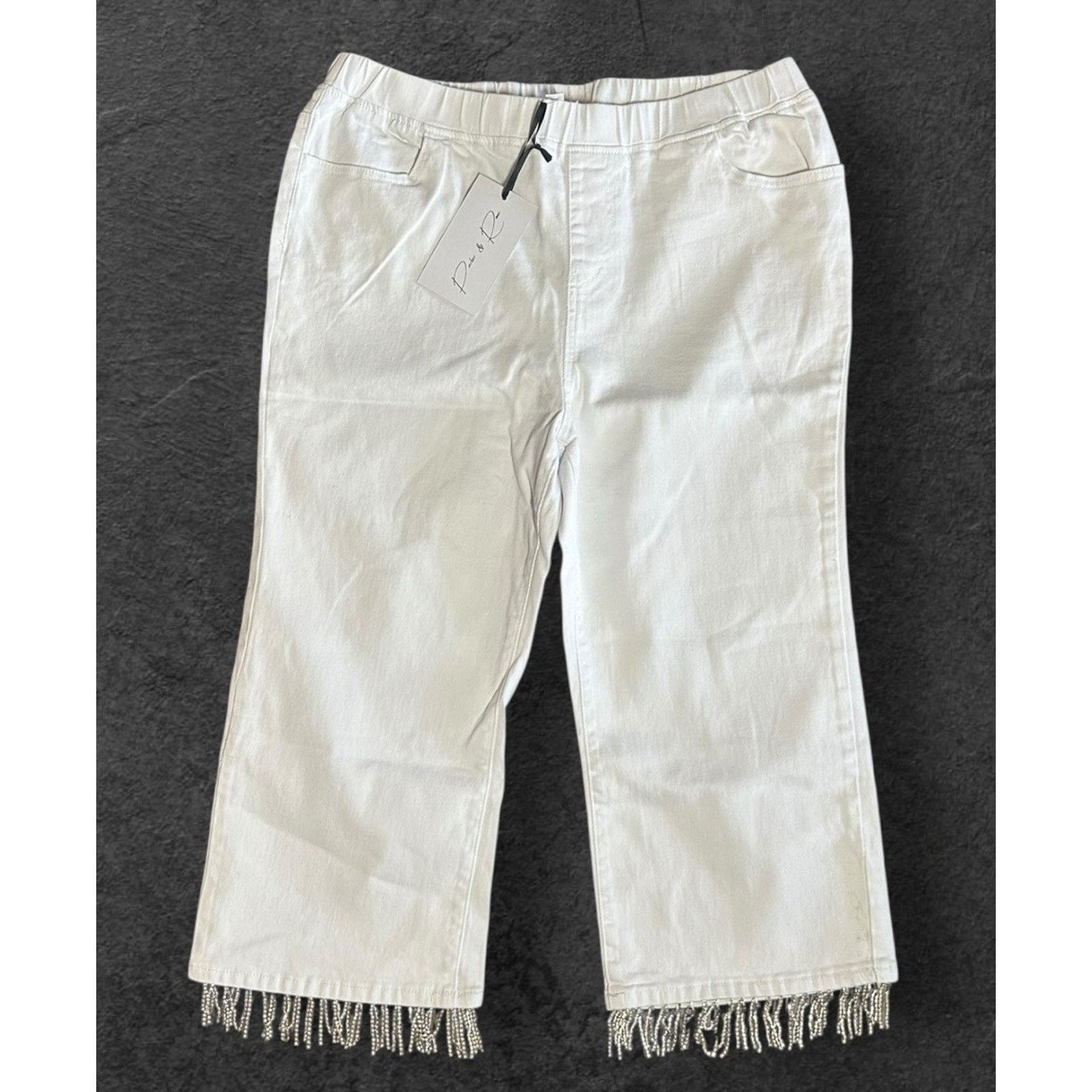 Other Parker & Rowe White Capri Jeans Elastic Waist Rhinestones XL Size 38" / US 16 / IT 52 - 2 Thumbnail