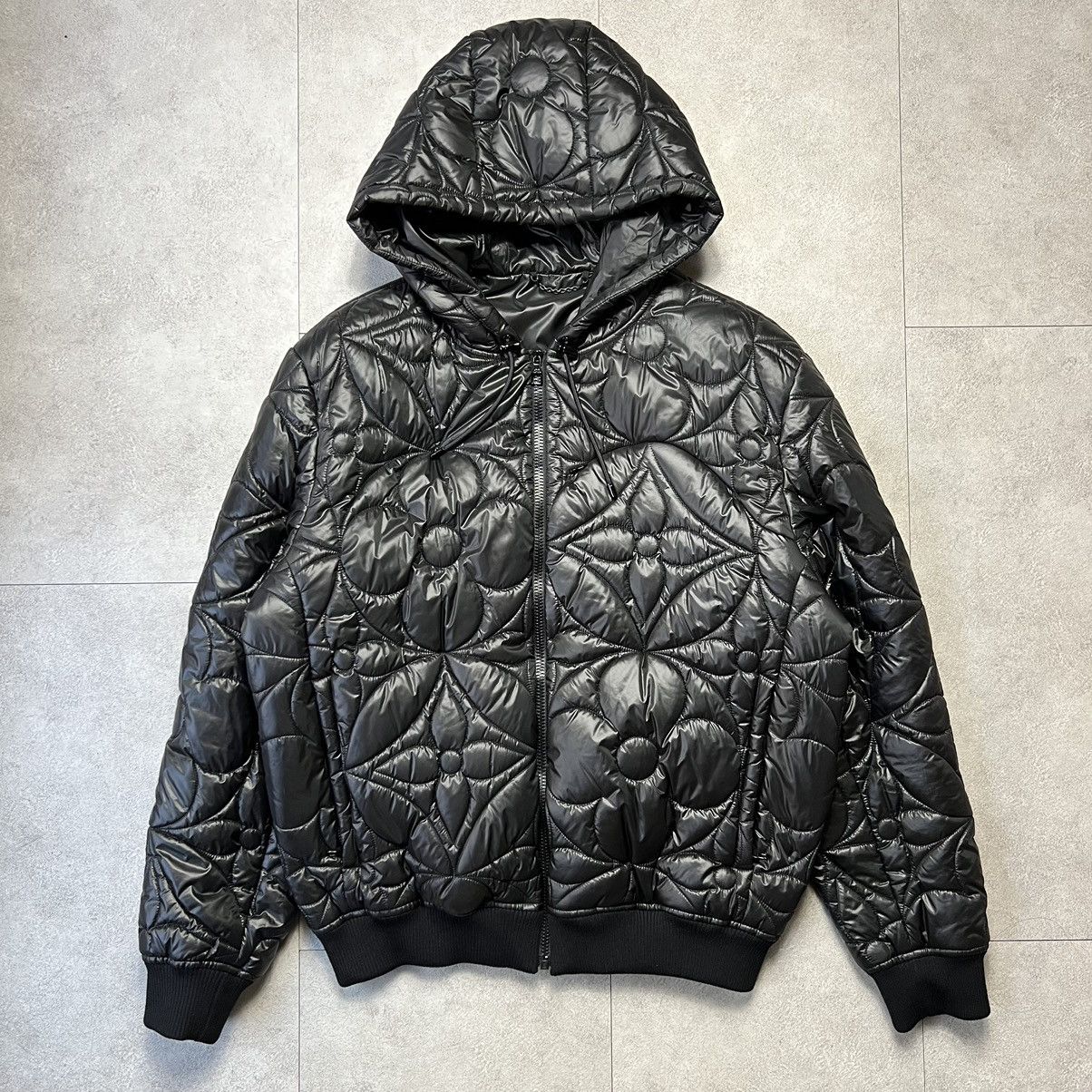 image of Louis Vuitton Virgil Monogram Flower Quilted Puffer Jacket in Black, Men's (Size XL)