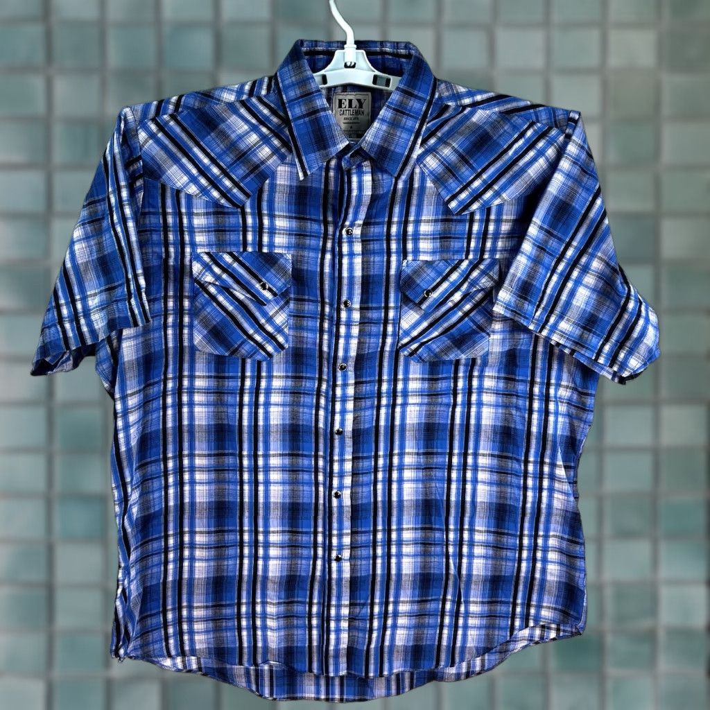 Vintage Ely Cattleman Plaid Pearl Snap Short Sleeve Shirt Mens XL Blue Shirt Size US XL / EU 56 / 4 - 1 Thumbnail