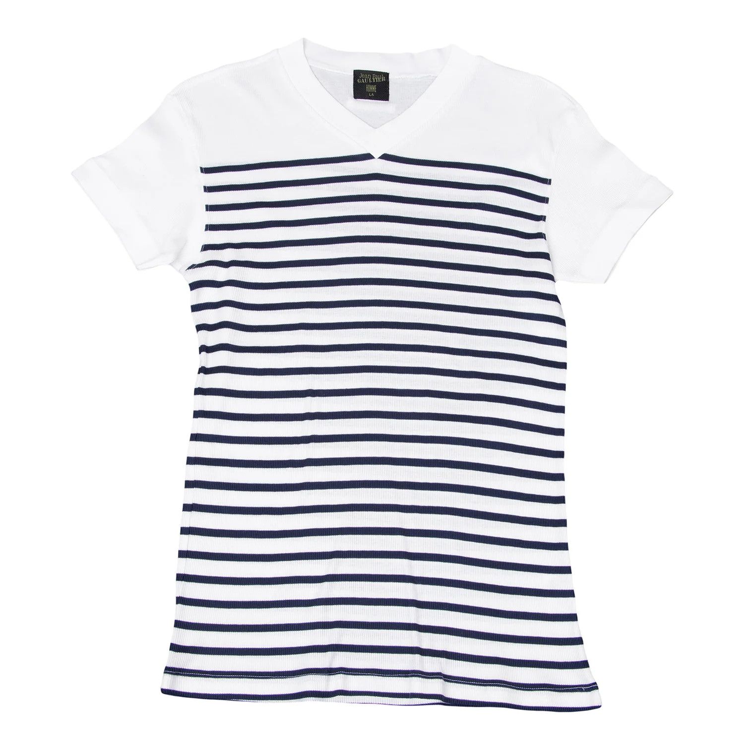 Jean Paul Gaultier Marine Stripe V-Neck Ribbed T-Shirt in Navy and Off-White Size US L / EU 52-54 / 3 - 1 Thumbnail