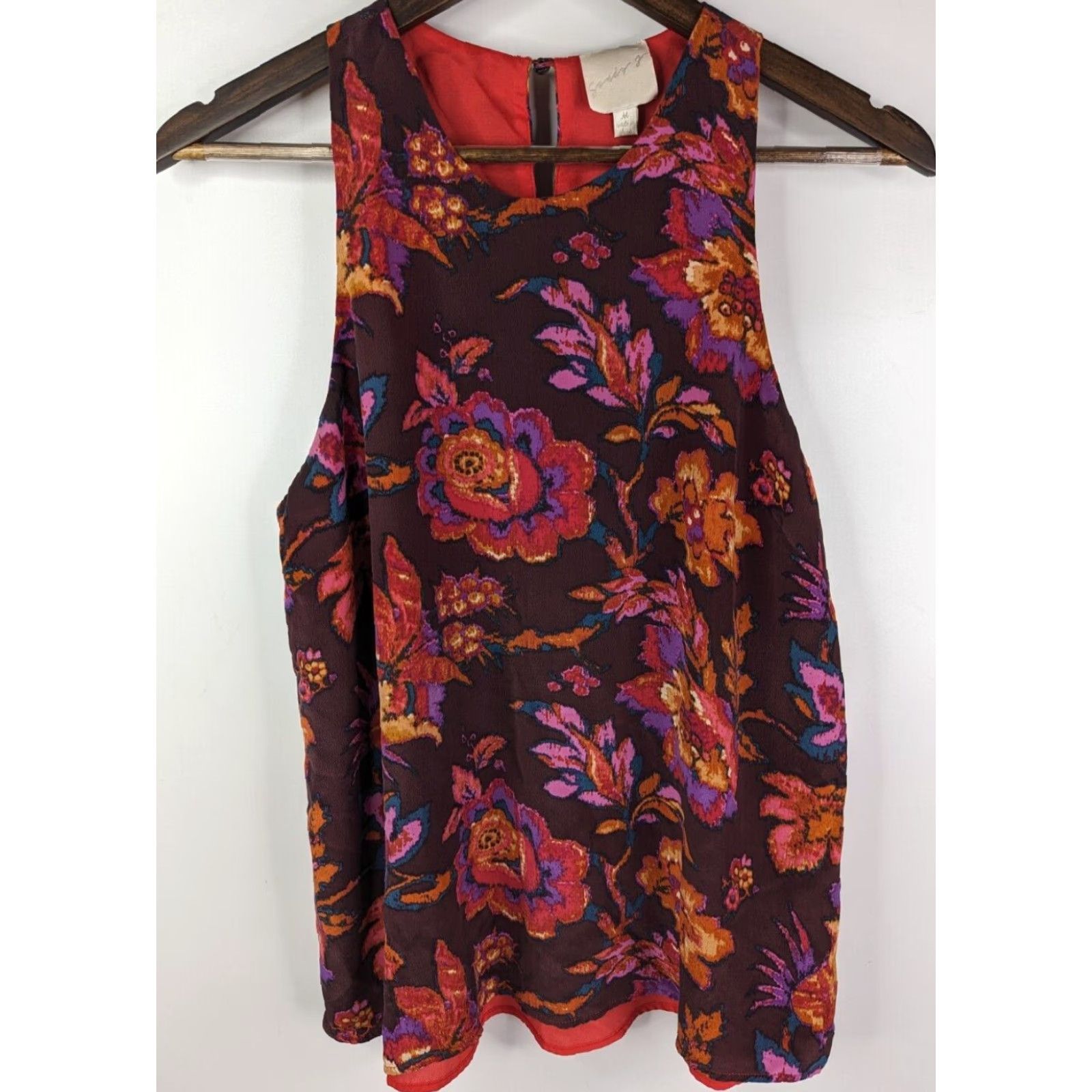 Vintage Sandy J. Silk Tank Top Womens M Floral Keyhole Racerback Lined Maroon Silk Tank Sandy J. Womens M Floral Keyhole Racerback Lined Maroon Size M / US 6-8 / IT 42-44 - 2 Thumbnail