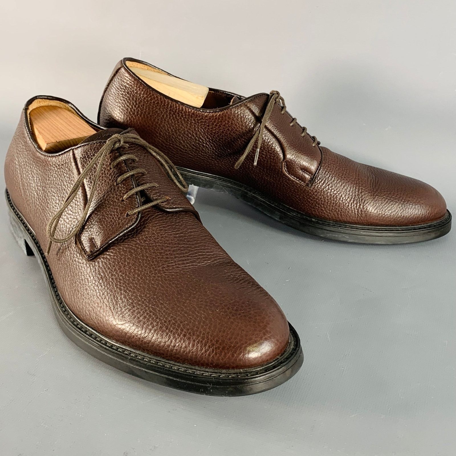 Barneys New York Size 11 Brown Pebble Grain Leather Derby Lace-Up Shoes Size US 11 / EU 44 - 1 Thumbnail