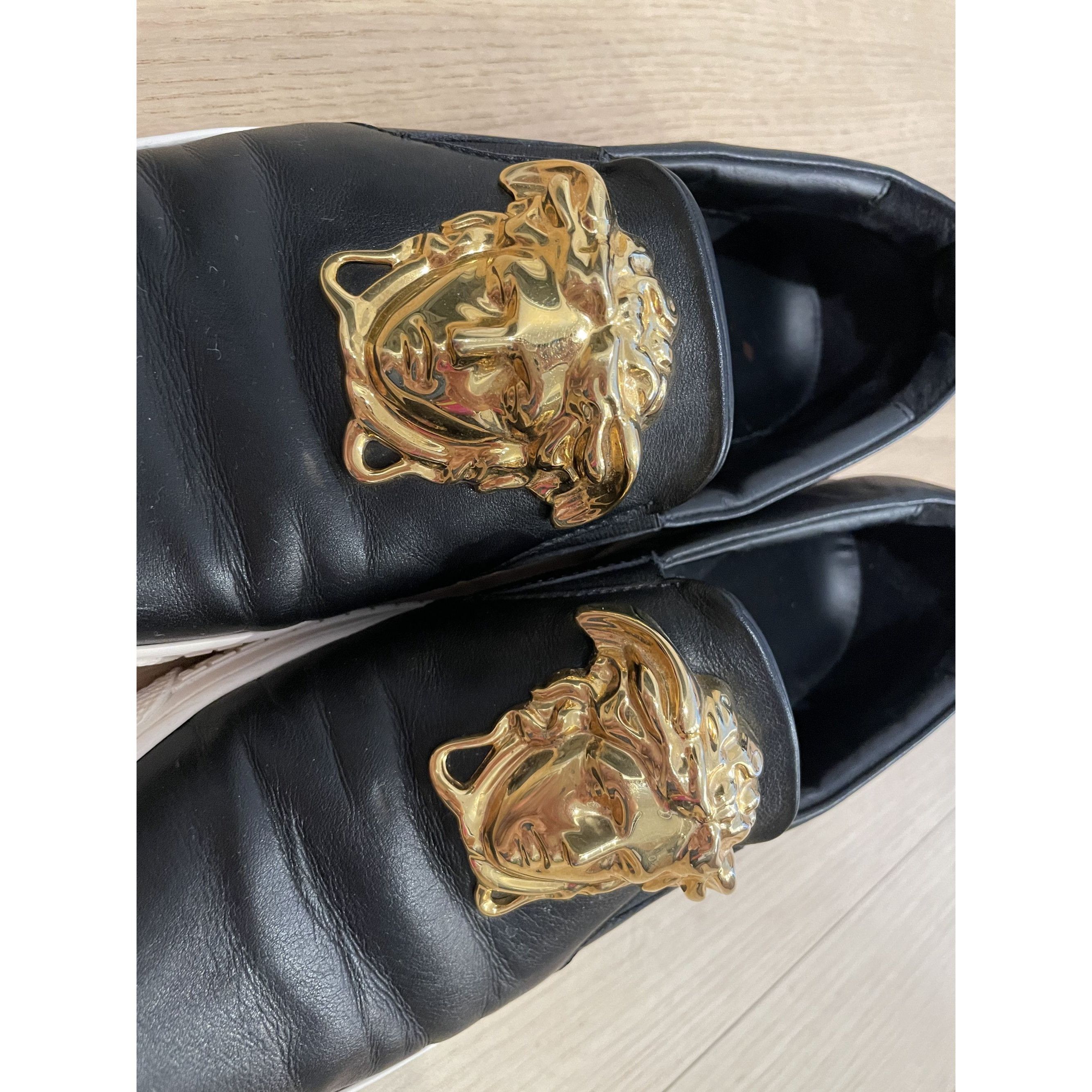 Versace Versace Black Leather Slip-On Sneakers With Gold Medusa Deta Size US 6.5 / EU 39-40 - 4 Thumbnail