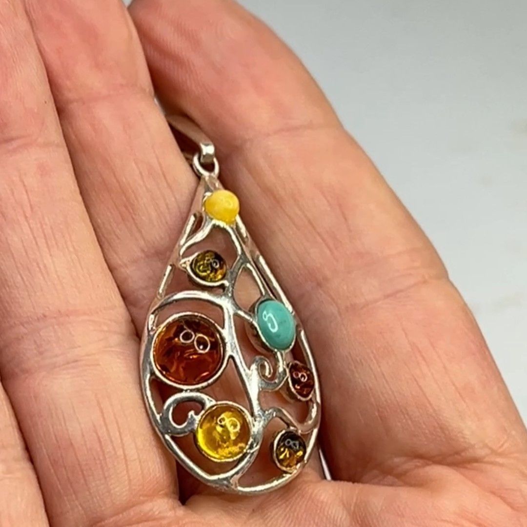 Other Teardrop Sterling Silver Pendant W/ Multi-Color Amber Stones Size ONE SIZE - 10 Thumbnail