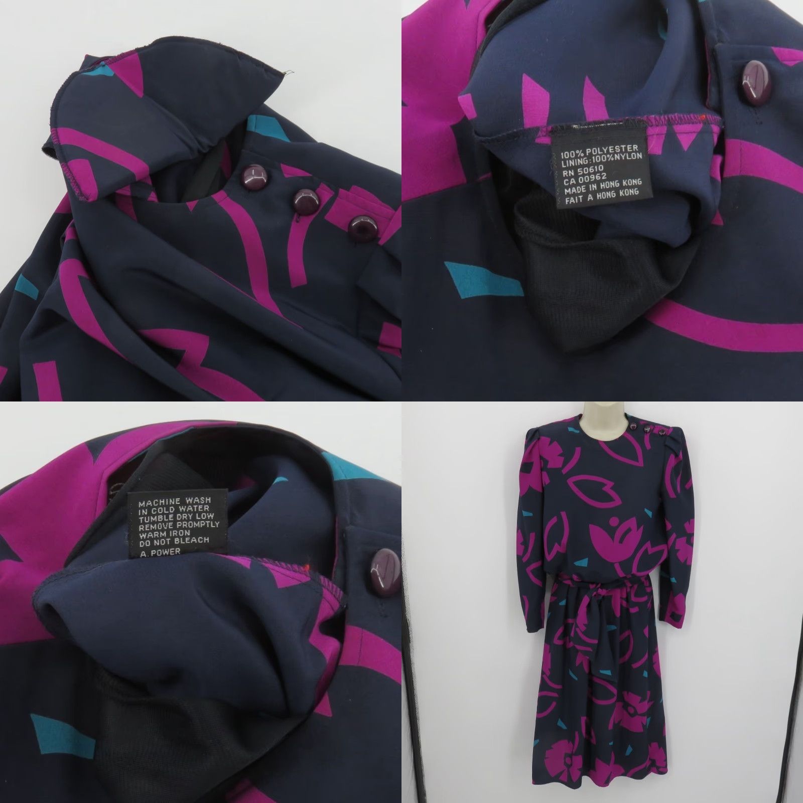 Vintage VINTAGE Sasson Women 6 Blue Purple Abstract Floral Long Sleeve Shirt Dress Padded Buttons Regular Size 6 Women Fall Spring Summer Winter Midi Dress Size M / US 6-8 / IT 42-44 - 8 Thumbnail