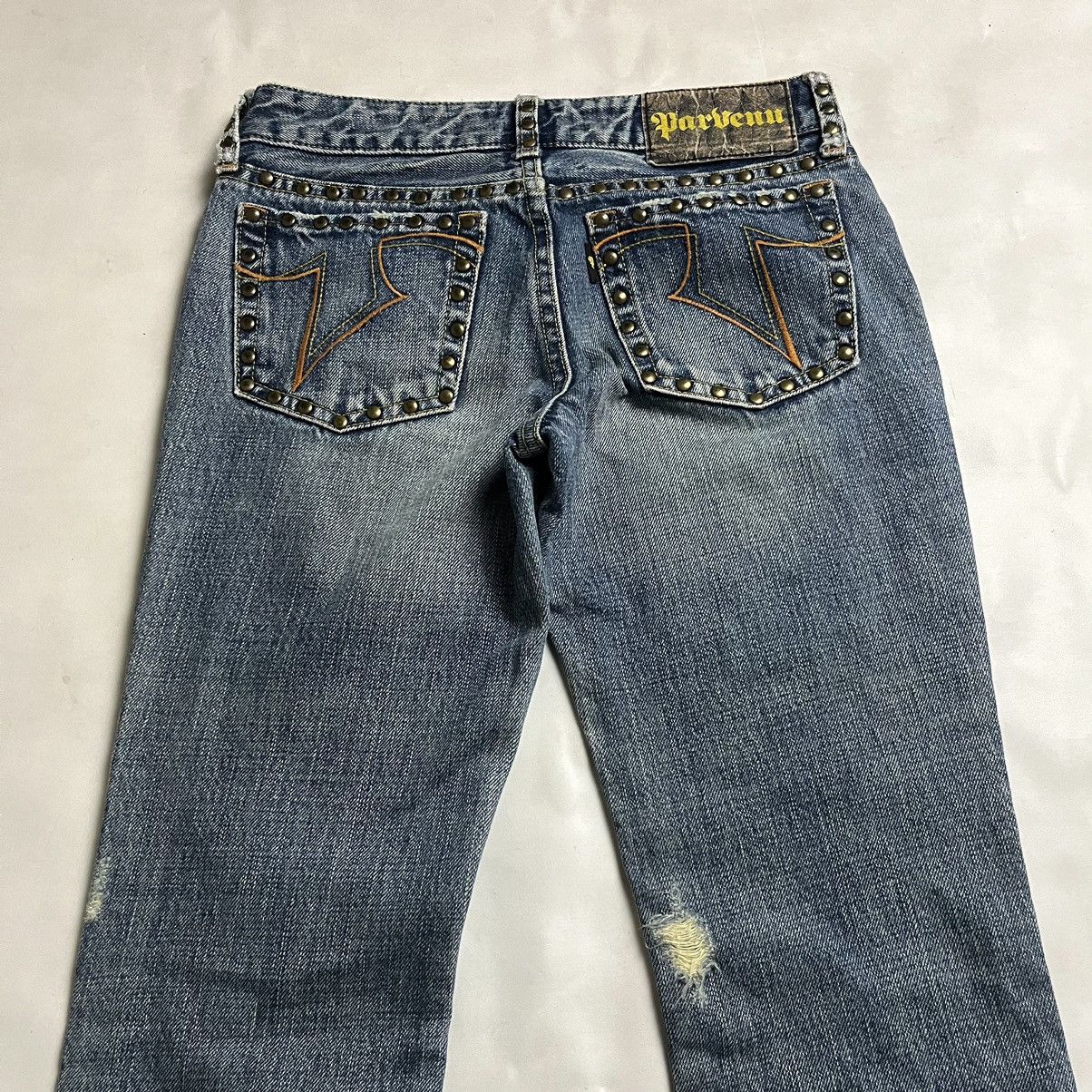 Tornado Mart 🌪️HOT🔥00s Japanese Brand Parvenu Flared studed denim pants Size US 27 - 6 Thumbnail