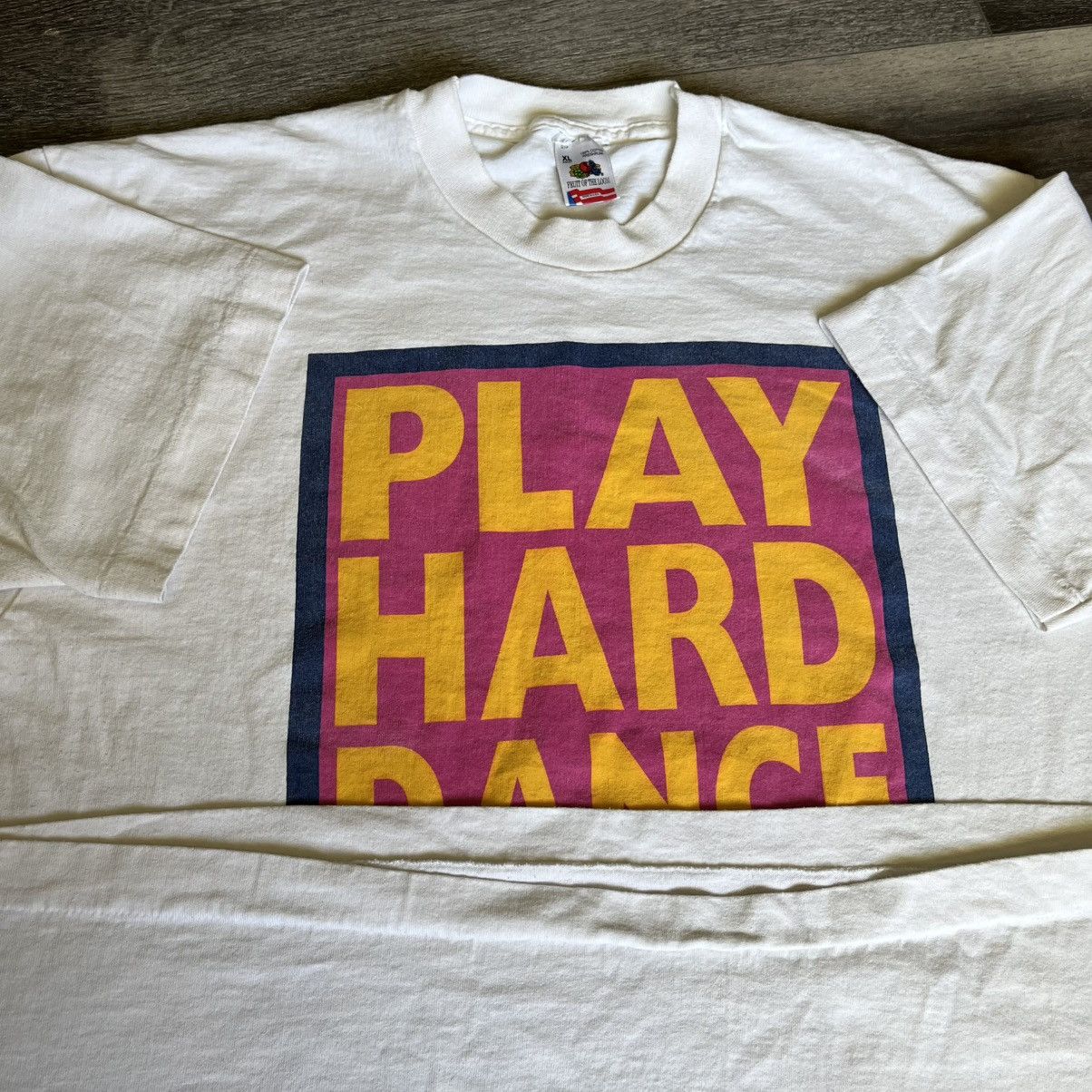 Vintage Vintage 1990s Play Hard Dance Hard Bold Text Logo Tee Shirt Size US XL / EU 56 / 4 - 4 Thumbnail