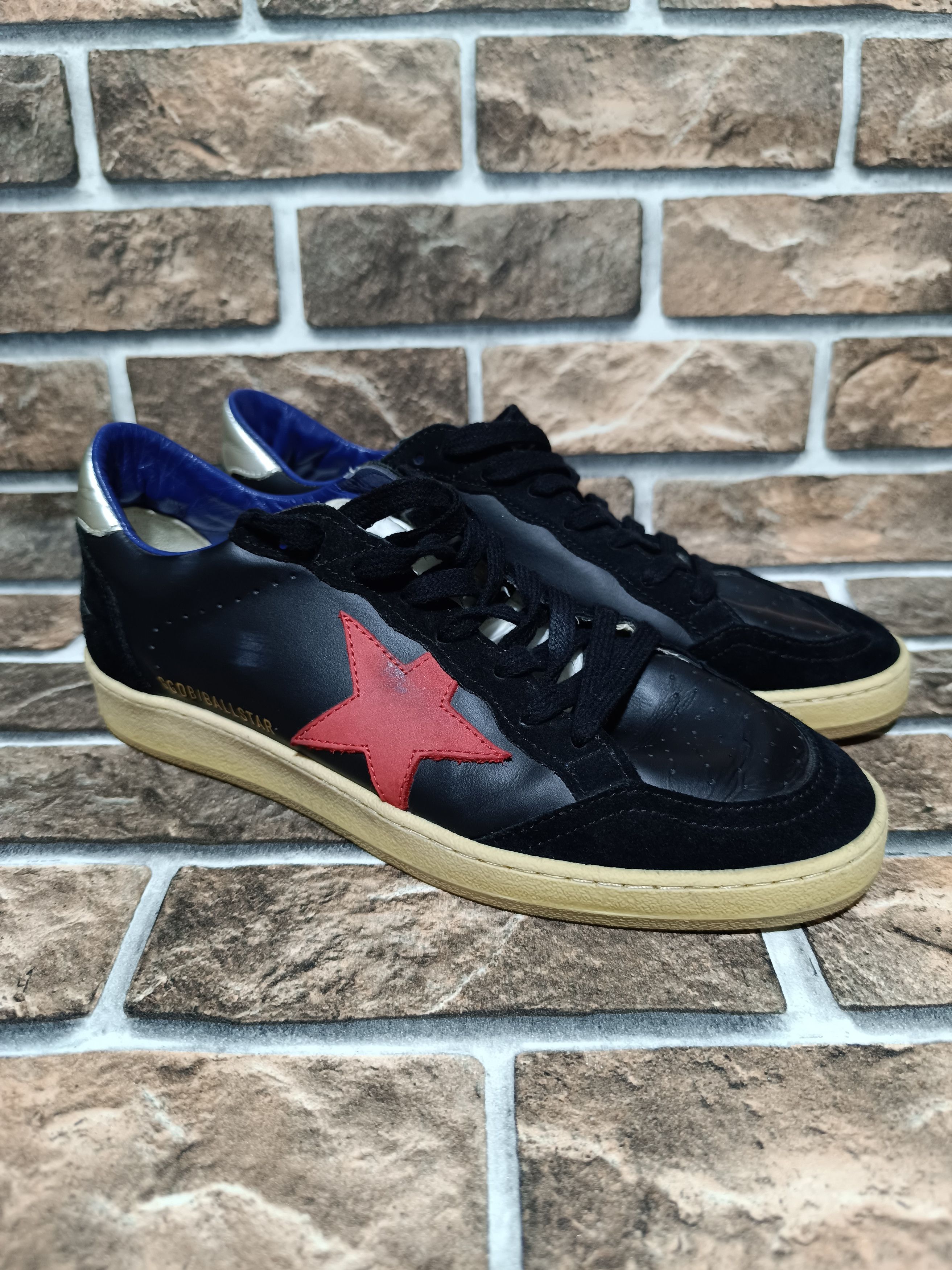 image of Golden Goose Ball Star Distressed Leather Sneakers in Black/Red/Silver, Men's (Size 8)