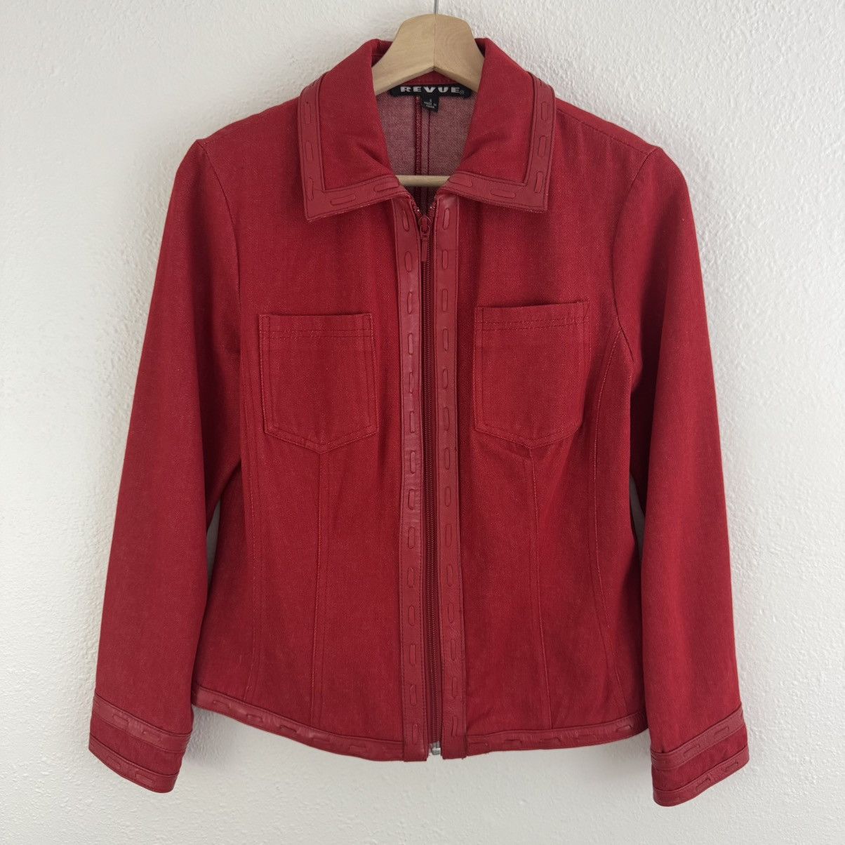 Vintage REVUE Vintage 90s Red Cotton Leather Trim Biker Moto Jacket Size S / US 4 / IT 40 - 1 Thumbnail