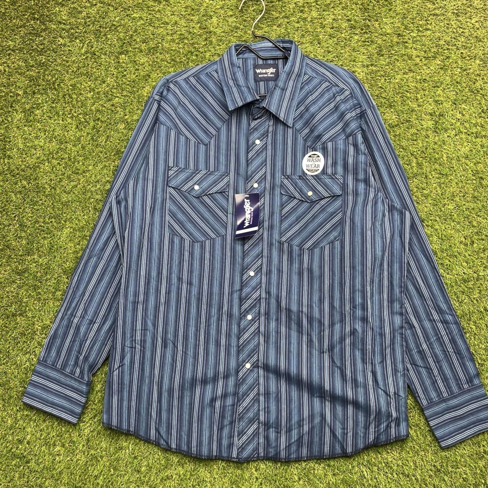Wrangler Wrangler Pearl Snap Shirt Mens XL Blue Long Sleeve Striped Western NWT Size US XL / EU 56 / 4 - 2 Thumbnail