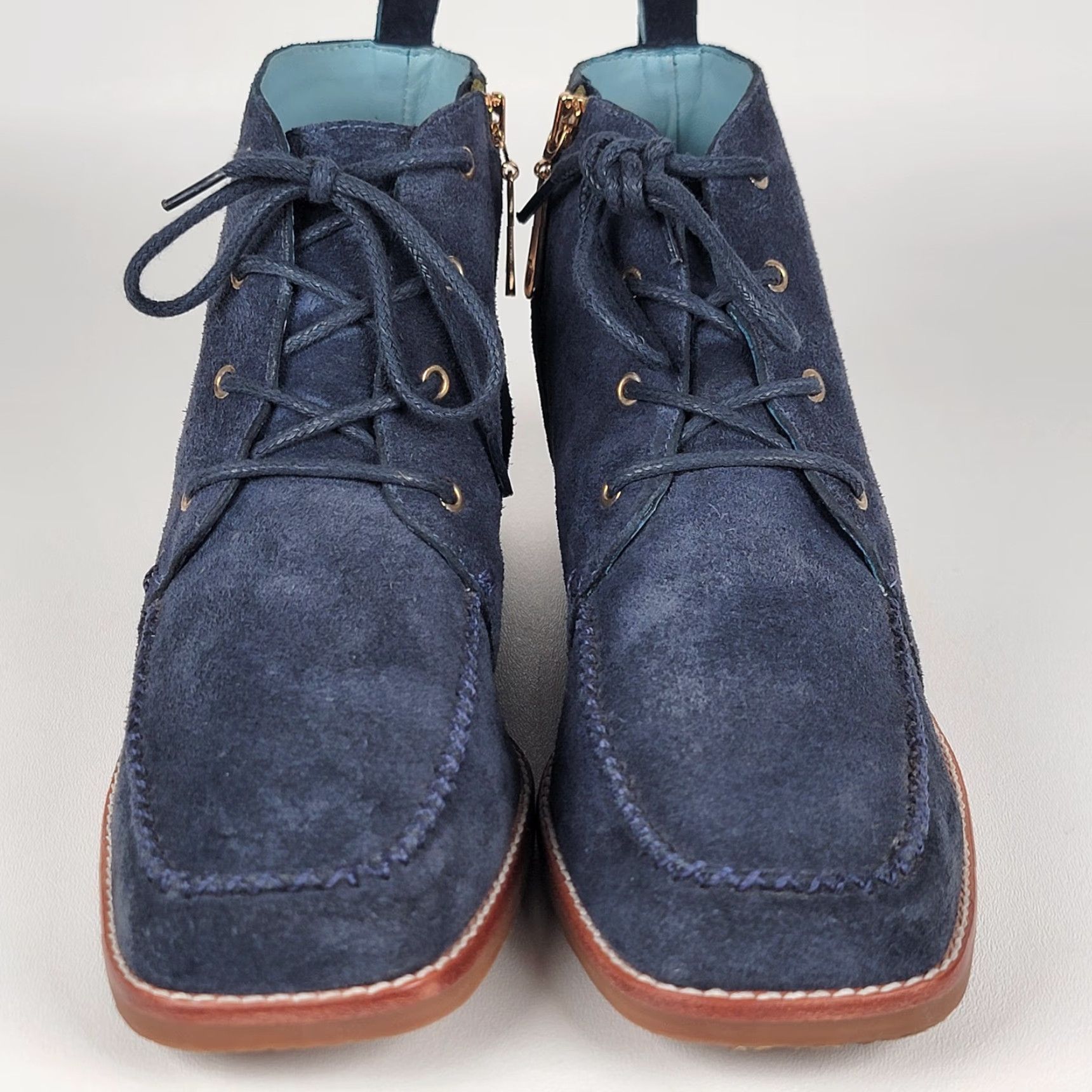 Valentino Frances Valentine Boots Women’s Davis Blue Suede Chukka Ankle Zip Square Toe 9B Womens Fall Winter Leather Lining Rubber Sole Boots Size US 9 / IT 39 - 2 Thumbnail