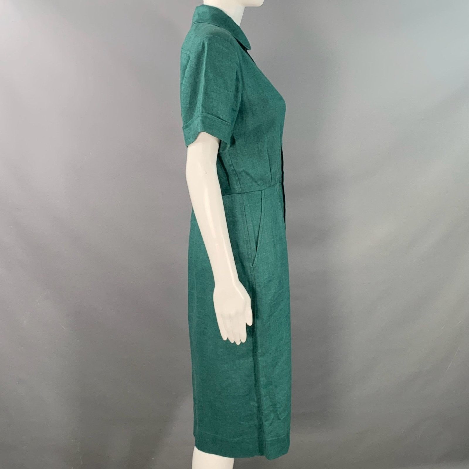 Yves Saint Laurent 6 Green Linen Button Up Pleated Shirt Dress Size M / US 6-8 / IT 42-44 - 3 Thumbnail