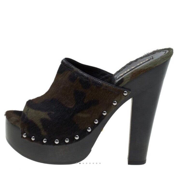 Prada PRADA Green Camouflage Calf Hair Platform Clogs 37.5 GORGEOU Size US 7.5 / IT 37.5 - 4 Thumbnail