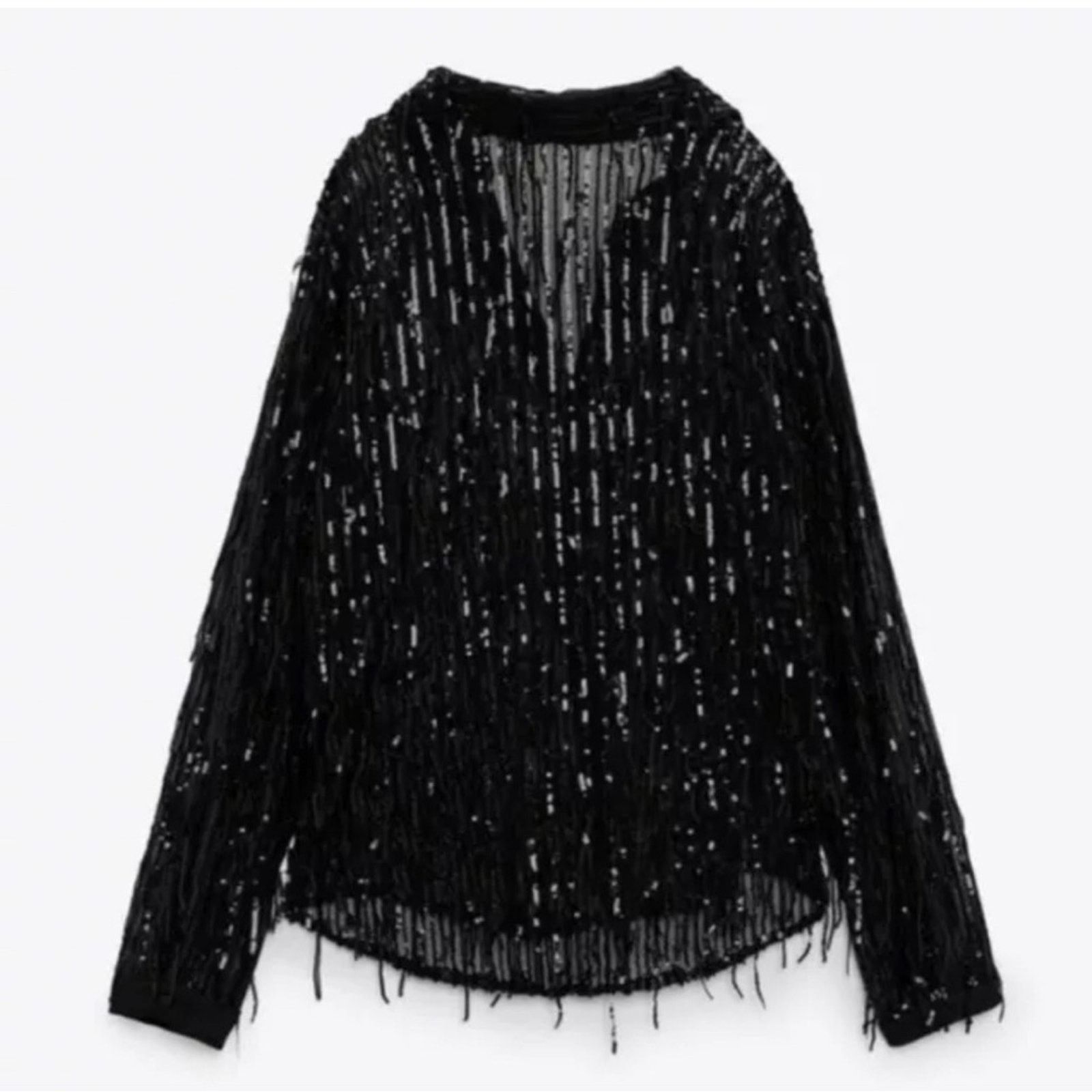 Zara NWT- Zara Woman Black Shirt Top With Sequined Fringing SZ M Size M / US 6-8 / IT 42-44 - 3 Thumbnail
