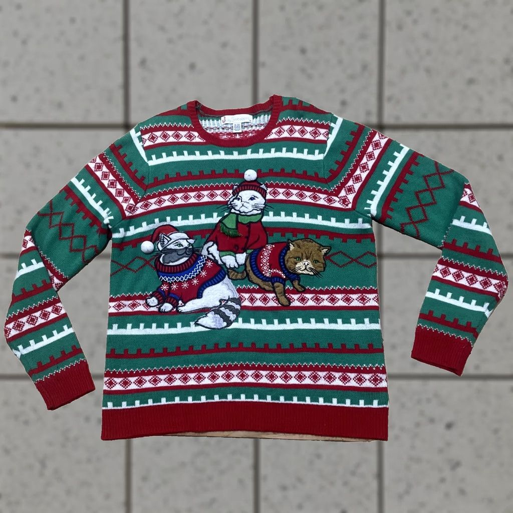 Vintage Jolly Sweaters Cat Christmas Sweater Men XL Red Green 3D Art Ugly Sweater Size US XL / EU 56 / 4 - 1 Thumbnail
