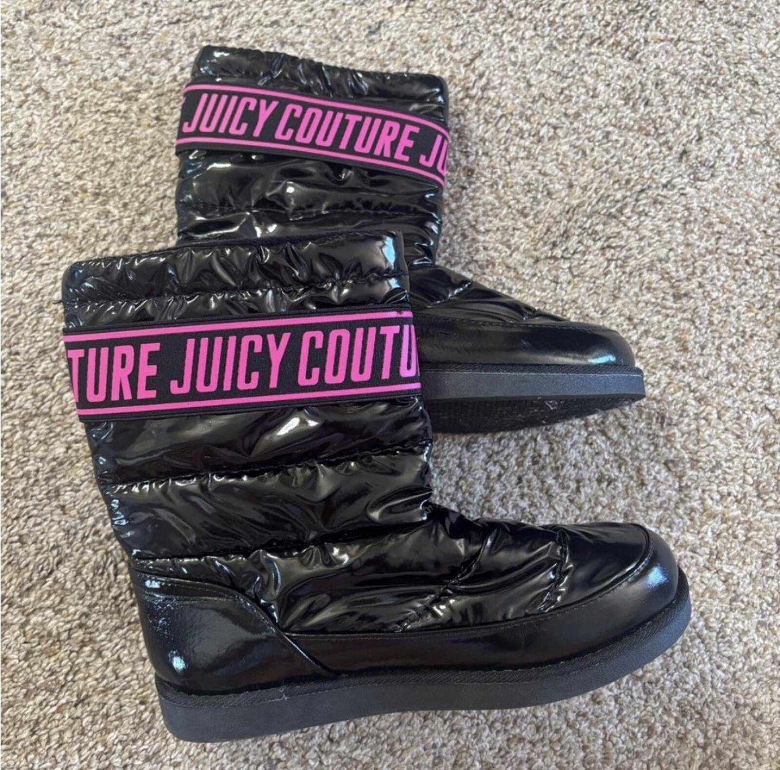 Juicy Couture Jeans (Juicy Couture) Shiny Black Boots with Pink Logos Size US 6 / IT 36 - 1 Thumbnail