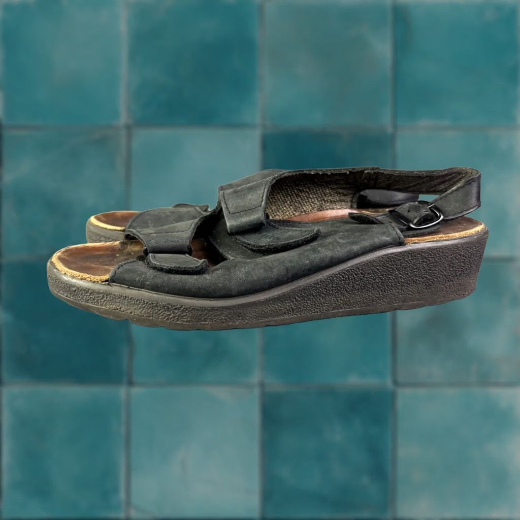 Vintage Fly Flot Sandals Womens 40 Black Leather Slingback Wedge Italy Size US 10 / IT 40 - 1 Thumbnail