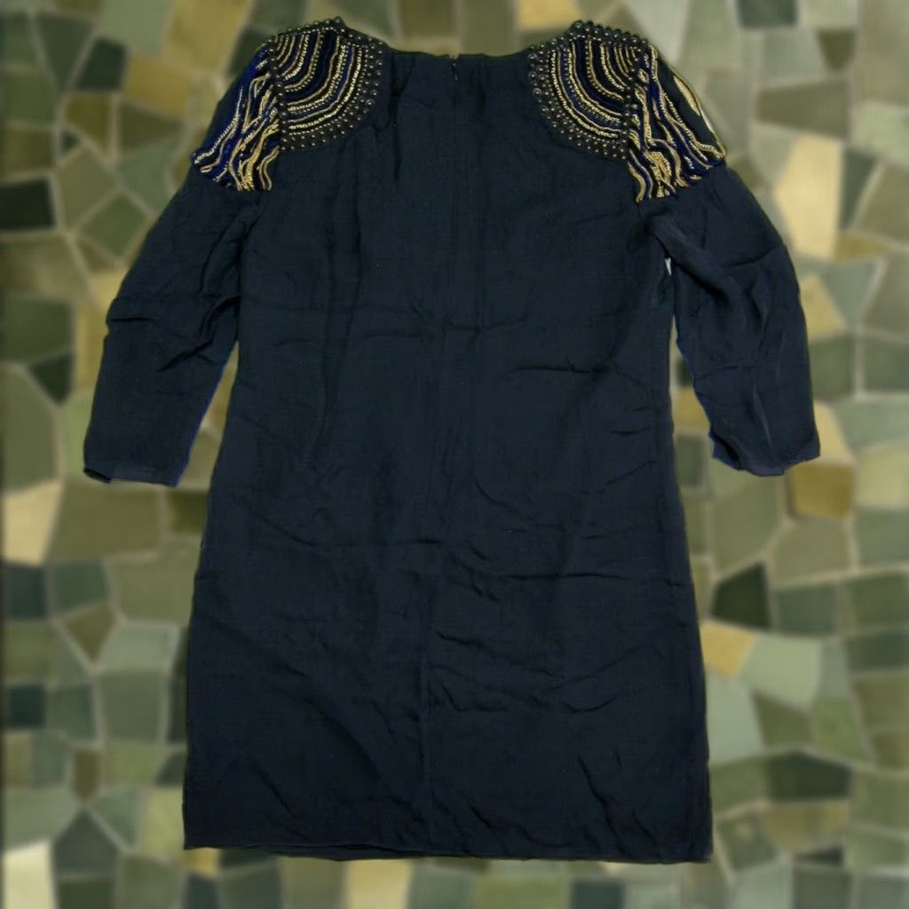 Tibi Tibi Dress Women Size 6 Black Blue Silk Beaded Shoulders Shift Sheath 100% Silk Size M / US 6-8 / IT 42-44 - 1 Thumbnail