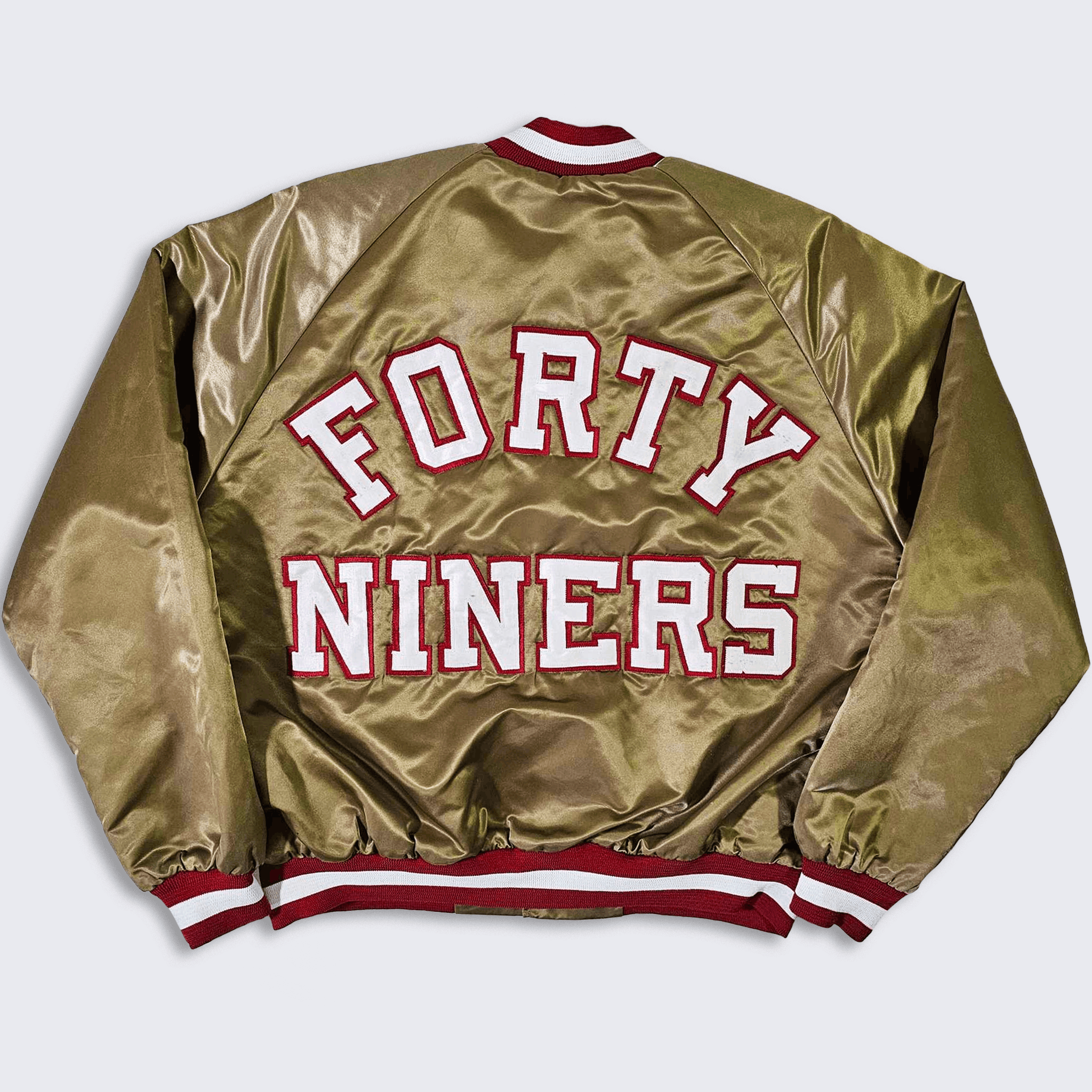 image of San Francisco 49Ers Vintage 80's Chalk Line Bomber Jacket in Gold, Men's (Size Large)