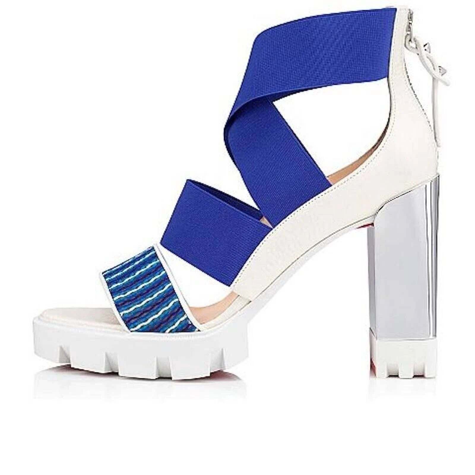Christian Louboutin Patrouiagoma 100 Blue Strap Sandal Block Heel Pump 40.5 Size US 10.5 / IT 40.5 - 3 Thumbnail