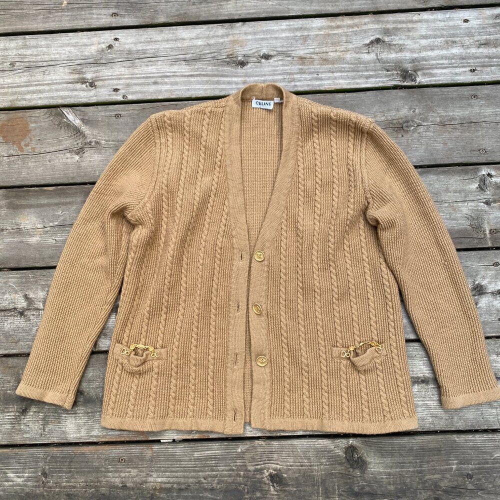 Celine Vintage 1970s Celine Paris 100% Wool Knit Cardigan Sweater Size L / US 10 / IT 46 - 2 Thumbnail