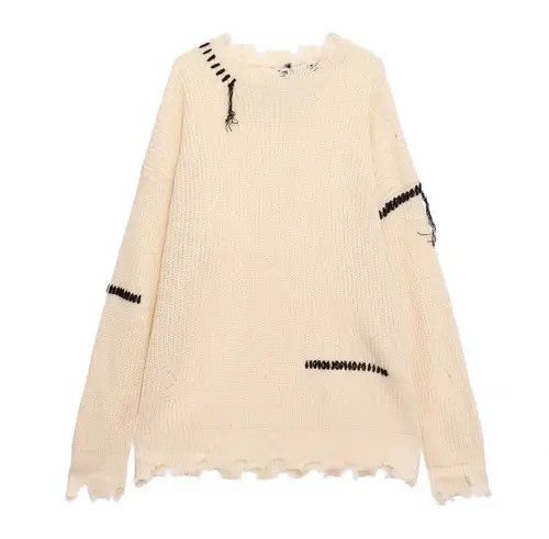 VIBE Korean fashion beige distressed knit sweater knitwear Size US L / EU 52-54 / 3 - 4 Thumbnail