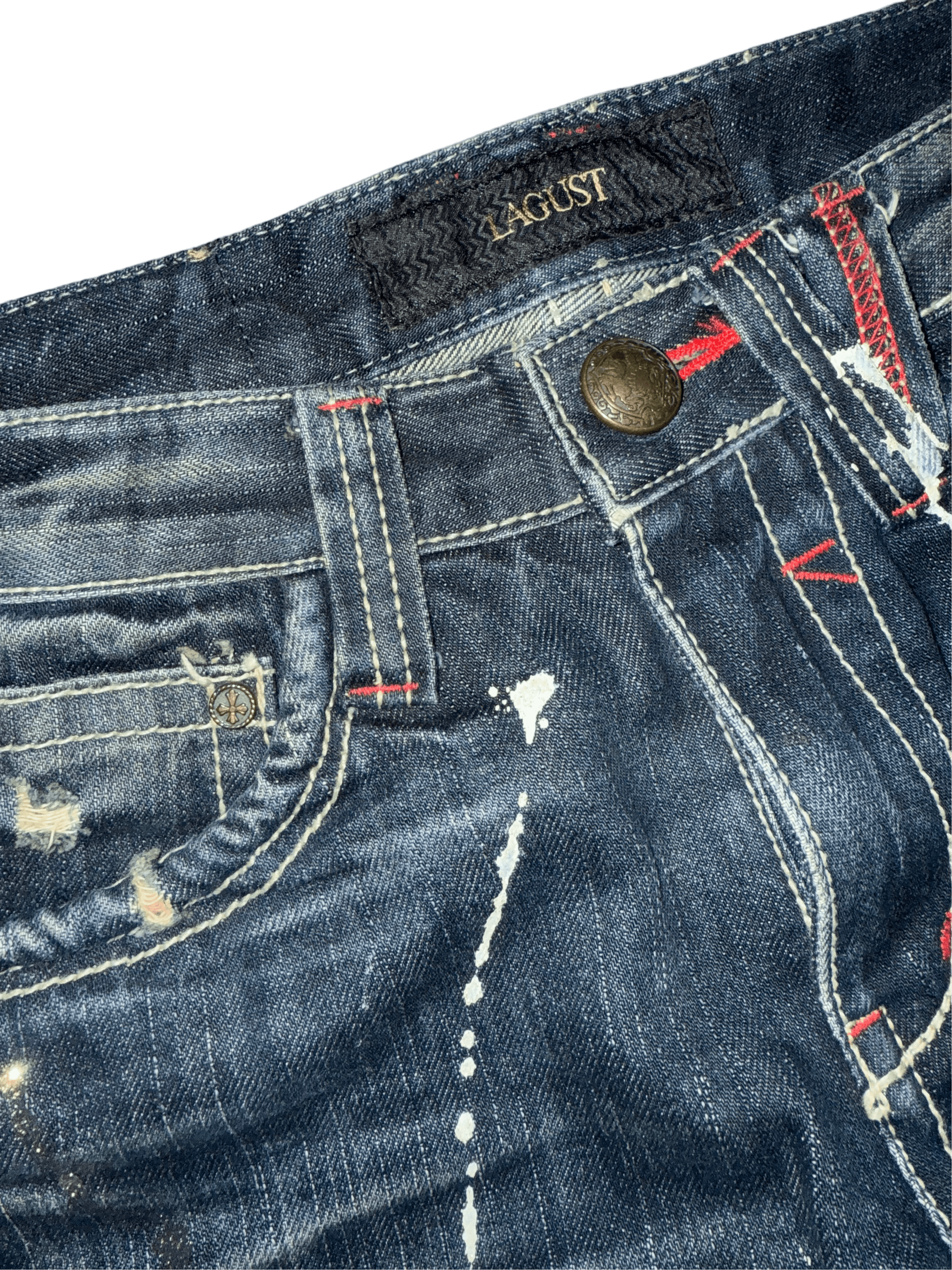 If Six Was Nine × Japanese Brand × Tornado Mart LAGUST Painted Glitter Distressed Flare Denim Pants Y2K Size US 28 / EU 44 - 3 Thumbnail