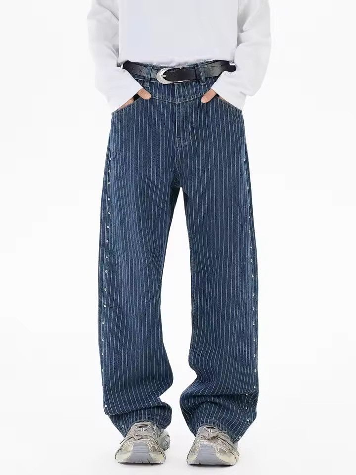 Jean Streetwear Designer Striped Rhinestone Baggy Jeans Size US 31 - 3 Thumbnail
